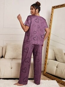 Plus Letter And Heart Print PJ Set / Pajama Set - Purple - View 2