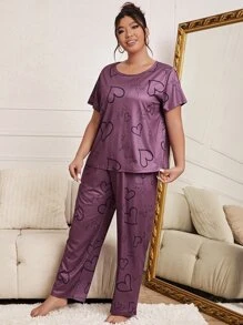 Plus Letter And Heart Print PJ Set / Pajama Set - Purple - View 3