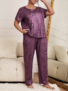 Plus Letter And Heart Print PJ Set / Pajama Set - Purple - View 5