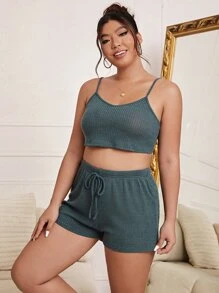 加上华夫格针织吊带上衣和结腰短裤和睡袍睡衣套装/睡衣套装