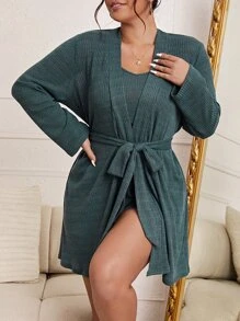 加上华夫格针织吊带上衣和结腰短裤和睡袍睡衣套装/睡衣套装