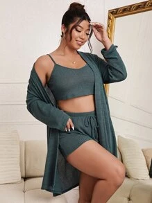 加上华夫格针织吊带上衣和结腰短裤和睡袍睡衣套装/睡衣套装