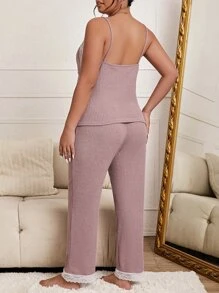 Plus Contrast Lace Cami Top & Trousers PJ Set - Dusty Pink - View 2
