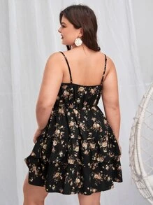 SHEIN VCAY 大碼印花水溶蕾絲拼接吊帶連衣裙 - 黑色 - 查看 2