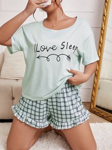 Conjunto de pijama Camiseta con estampado de slogan & Shorts de cuadros bajo con fruncido - Multicolor - Ver 1