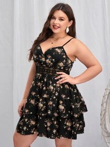 SHEIN VCAY 大碼印花水溶蕾絲拼接吊帶連衣裙 - 黑色 - 查看 6