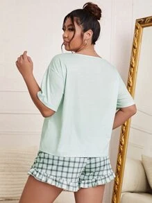 Conjunto de pijama Camiseta con estampado de slogan & Shorts de cuadros bajo con fruncido - Multicolor - Ver 2