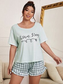 Conjunto de pijama Camiseta con estampado de slogan & Shorts de cuadros bajo con fruncido - Multicolor - Ver 3