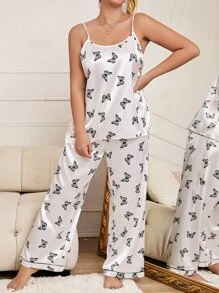 Plus Butterfly Print Satin PJ Set - Multicolor - View 1