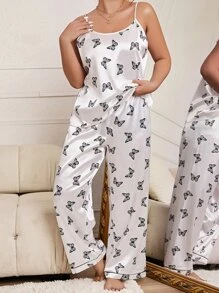 Plus Butterfly Print Satin PJ Set - Multicolor - View 3