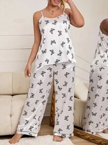 Plus Butterfly Print Satin PJ Set - Multicolor - View 4
