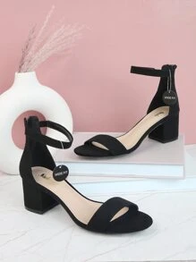 寬版仿麂皮踝帶高跟鞋 - 黑色 - 查看 1