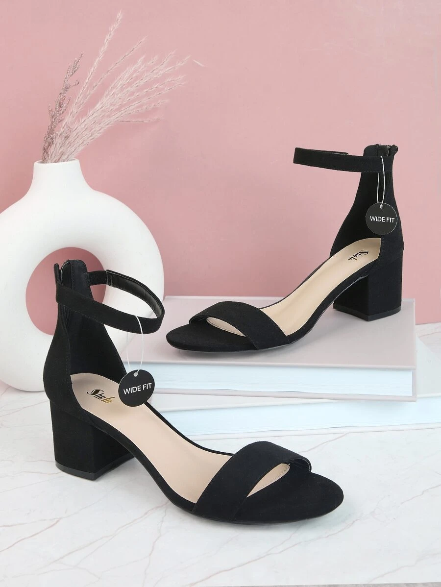 寬版仿麂皮踝帶高跟鞋 - 黑色 - 查看 1