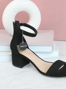 寬版仿麂皮踝帶高跟鞋 - 黑色 - 查看 3