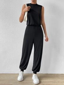 SHEIN Essnce Solid Mock Neck Tank Jumpsuit - Black - View 1
