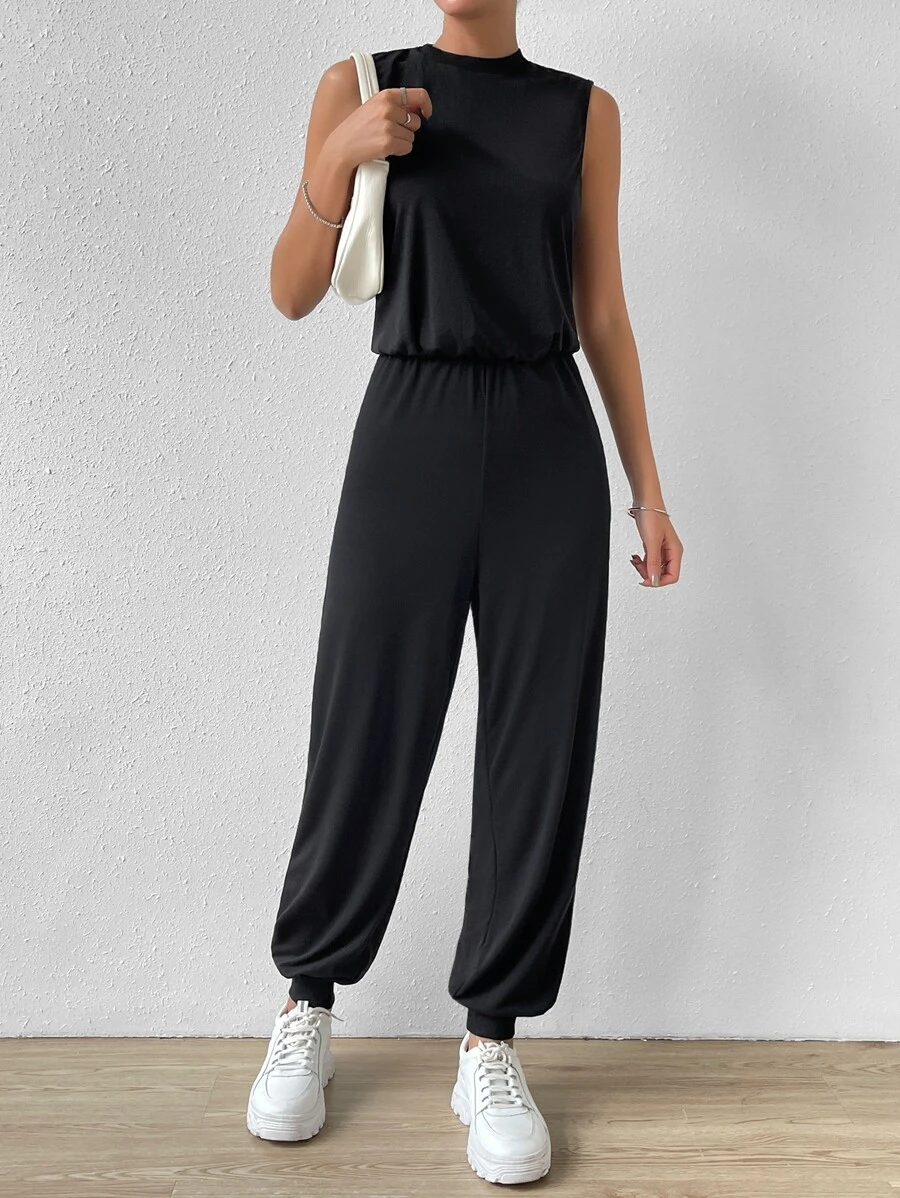 SHEIN Essnce Solid Mock Neck Tank Jumpsuit - Black - View 1