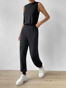 SHEIN Essnce Solid Mock Neck Tank Jumpsuit - Black - View 3