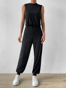 SHEIN Essnce Solid Mock Neck Tank Jumpsuit - Black - View 4