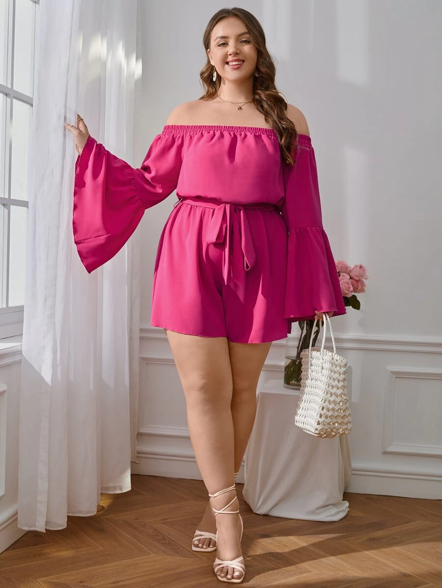 SHEIN VCAY Plus Off Shoulder Flounce Sleeve Belted Romper - Hot Pink - View 1
