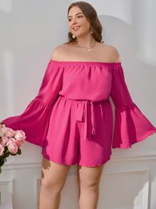 SHEIN VCAY Plus Off Shoulder Flounce Sleeve Belted Romper - Hot Pink - View 5
