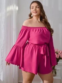 SHEIN VCAY Plus Off Shoulder Flounce Sleeve Belted Romper - Hot Pink - View 6