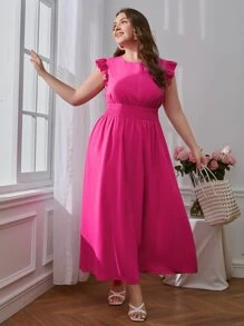 SHEIN VCAY Vestido ribete con fruncido de cintura fruncido - Rosa Fucsia - Ver 5