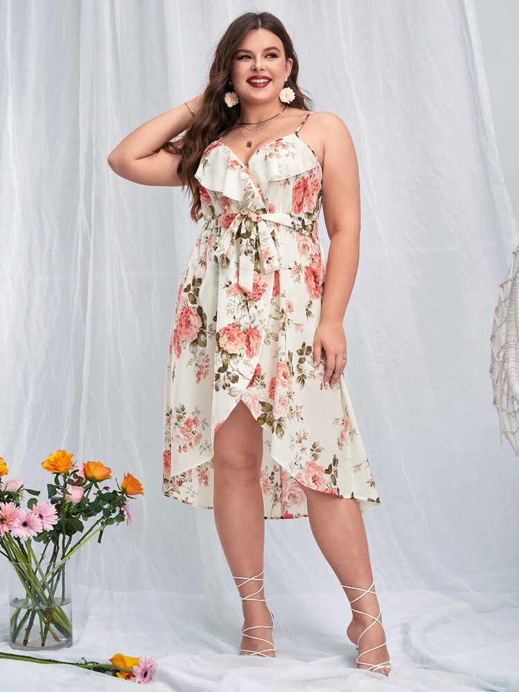SHEIN VCAY Plus Size Boho Floral Print Ruffle Trim Wrap Hem Belted Cami Dress, For Summer - Beige - View 6