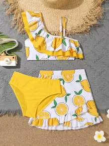 Tween Girl Lemon Print Ruffle Trim Bikini Set With Beach Skirt Summer Beach - Multicolor - View 1