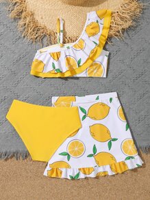 Tween Girl Lemon Print Ruffle Trim Bikini Set With Beach Skirt Summer Beach - Multicolor - View 2