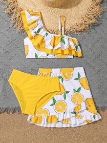 Tween Girl Lemon Print Ruffle Trim Bikini Set With Beach Skirt Summer Beach - Multicolor - View 4