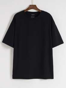 SHEIN EZwear Camiseta de hombros caídos con estampado de letra y dibujos animados - Negro - Ver 2