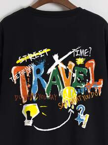 SHEIN EZwear Camiseta de hombros caídos con estampado de letra y dibujos animados - Negro - Ver 4