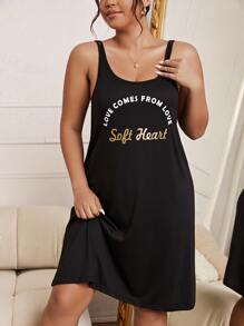Plus Slogan Graphic Nightdress - Black - View 3