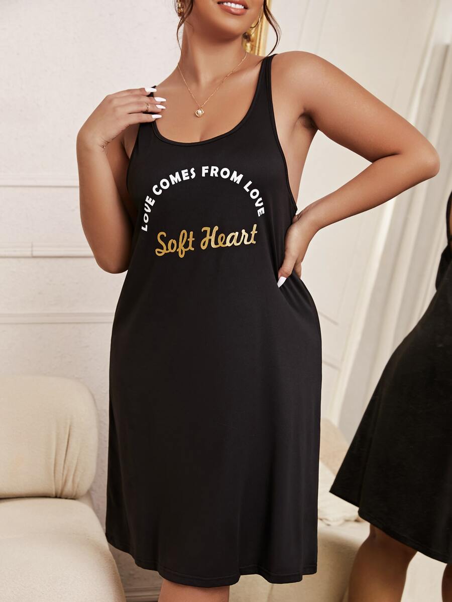 Plus Slogan Graphic Nightdress - Black - View 1