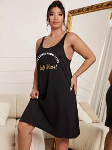Plus Slogan Graphic Nightdress - Black - View 5
