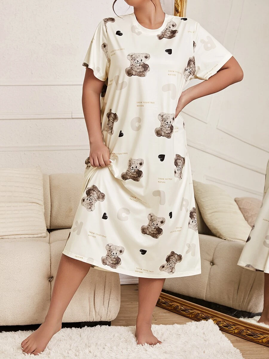 Plus Bear & Heart Print Pajama Nightdress - Beige - View 1