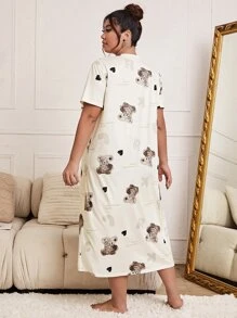 Plus Bear & Heart Print Pajama Nightdress - Beige - View 2