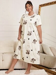 Plus Bear & Heart Print Pajama Nightdress - Beige - View 5