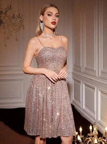 SHEIN Belle Sequin Zip Back Cami Dress - Dusty Pink - View 4