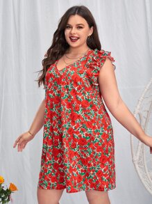 SHEIN VCAY Plus Allover Floral Print Ruffle Trim Tunic Dress - Multicolor - View 5