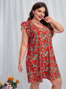 SHEIN VCAY Plus Allover Floral Print Ruffle Trim Tunic Dress - Multicolor - View 6