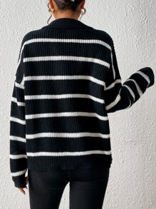 SHEIN Frenchy Jersey con patrón de rayas de hombros caídos - Negro - Ver 2