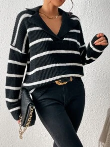 SHEIN Frenchy Jersey con patrón de rayas de hombros caídos - Negro - Ver 6