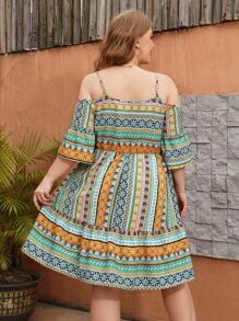 SHEIN Holidaya Vestido con estampado floral de hombros descubiertos bajo con fruncido - Multicolor - Ver 4