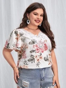 SHEIN Clasi 大碼印花水溶蕾絲拼接襯衫 - 彩色 - 查看 3