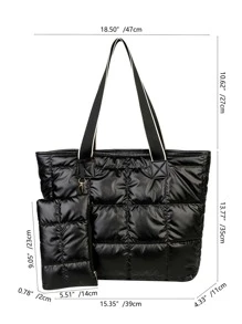 带钱包的绗缝单肩托特包，母亲节送给妈妈的礼物，书包，返校背包，学校托特包，大容量，便携，商务休闲，适合少女、女大学生、新人及白领，非常适合返校、大学、开学第一天、初中、高中、工作、商务、通勤 - 黑色 - 查看 3