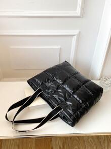 带钱包的绗缝单肩托特包，母亲节送给妈妈的礼物，书包，返校背包，学校托特包，大容量，便携，商务休闲，适合少女、女大学生、新人及白领，非常适合返校、大学、开学第一天、初中、高中、工作、商务、通勤 - 黑色 - 查看 6