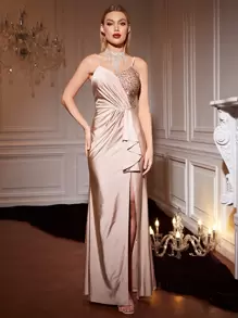 Contrast Sequin Ruched Detail Split Thigh Formal Dress - Baby Pink - View 1