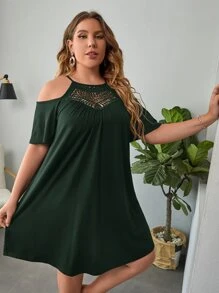 SHEIN VCAY Vestido de hombros descubiertos de canesú de encaje - Verde Oscuro - Ver 3