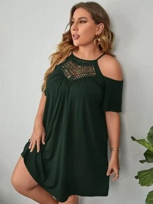 SHEIN VCAY Vestido de hombros descubiertos de canesú de encaje - Verde Oscuro - Ver 5